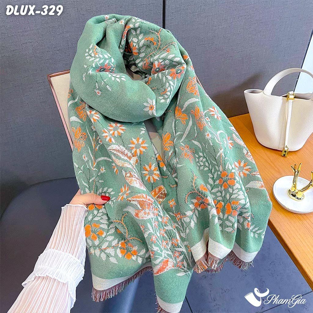 Khăn Choàng Dạ Cashmere Cao Cấp Họa Tiết Hoa Dây Leo Màu Xanh Ngọc Trang Nhã (DLUX329)