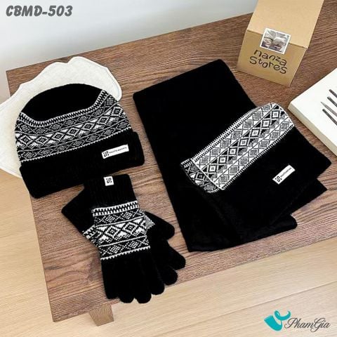 Combo Giữ Ấm Chuyên Dụng Gồm Khăn Len - Nón Len - Găng Tay Len Siêu Dày Màu Đen Phối Họa Tiết (CBMD503)