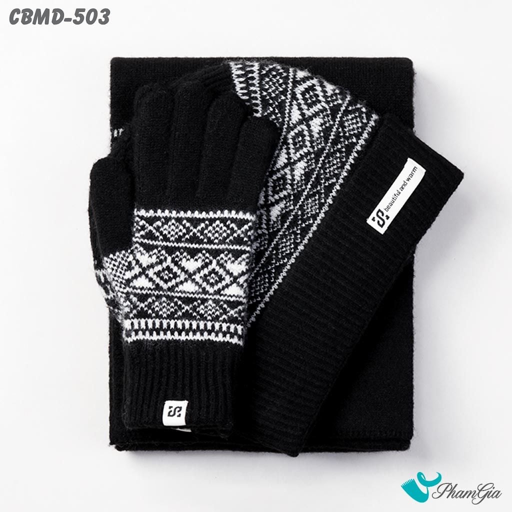 Combo Giữ Ấm Chuyên Dụng Gồm Khăn Len - Nón Len - Găng Tay Len Siêu Dày Màu Đen Phối Họa Tiết (CBMD503)