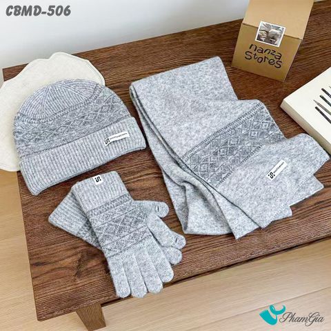 Combo Giữ Ấm Chuyên Dụng Gồm Khăn Len - Nón Len - Găng Tay Len Siêu Dày Màu Xám Phối Họa Tiết (CBMD506)