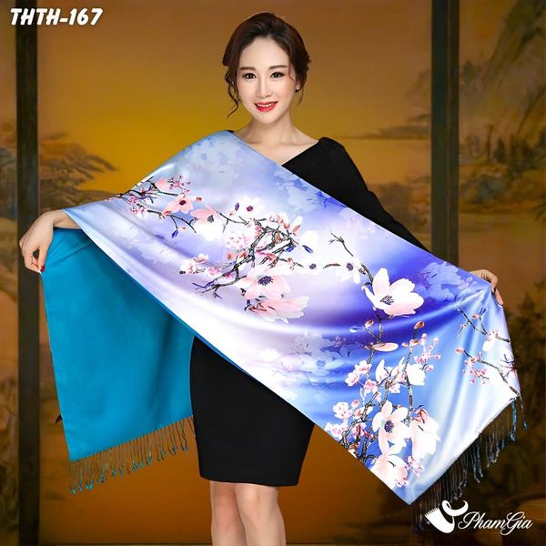Khăn Choàng Tằm Hoa Thượng Hải 2 Lớp Cao Cấp Họa Tiết Hoa Mộc Lan Màu Xanh Coban Sang Trọng (THTH167)