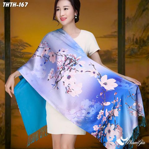 Khăn Choàng Tằm Hoa Thượng Hải 2 Lớp Cao Cấp Họa Tiết Hoa Mộc Lan Màu Xanh Coban Sang Trọng (THTH167)