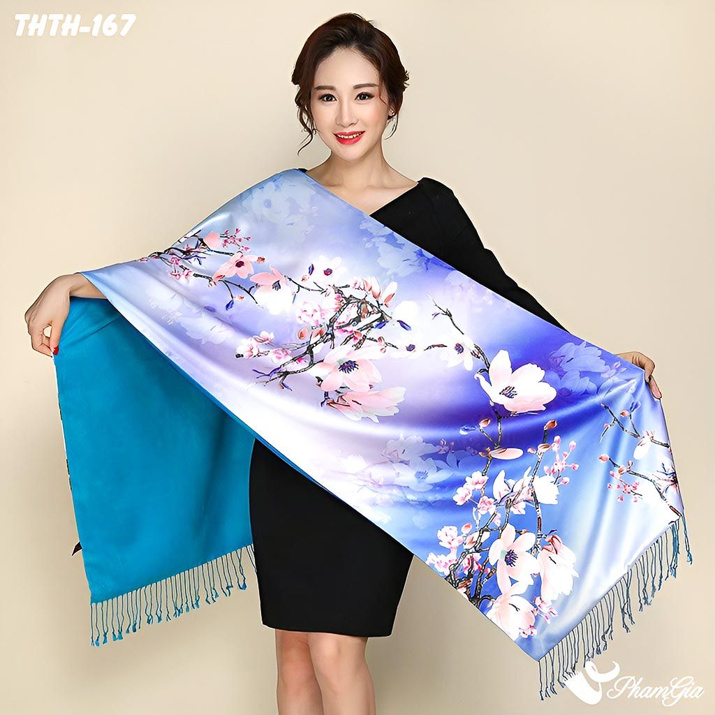 Khăn Choàng Tằm Hoa Thượng Hải 2 Lớp Cao Cấp Họa Tiết Hoa Mộc Lan Màu Xanh Coban Sang Trọng