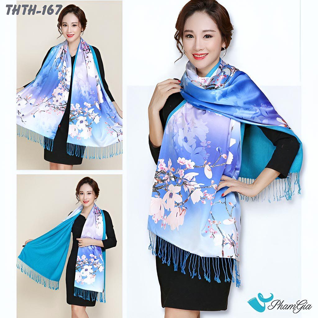 Model Choàng Khăn Choàng Tằm Hoa Thượng Hải 2 Lớp Cao Cấp Họa Tiết Hoa Mộc Lan Màu Xanh Coban Sang Trọng