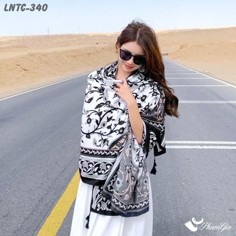 Người Mẫu Choàng Khăn Choàng Linen Boho Họa Tiết Hoa Dây Leo Cổ Điển Màu Trắng Đen Thanh Lịch