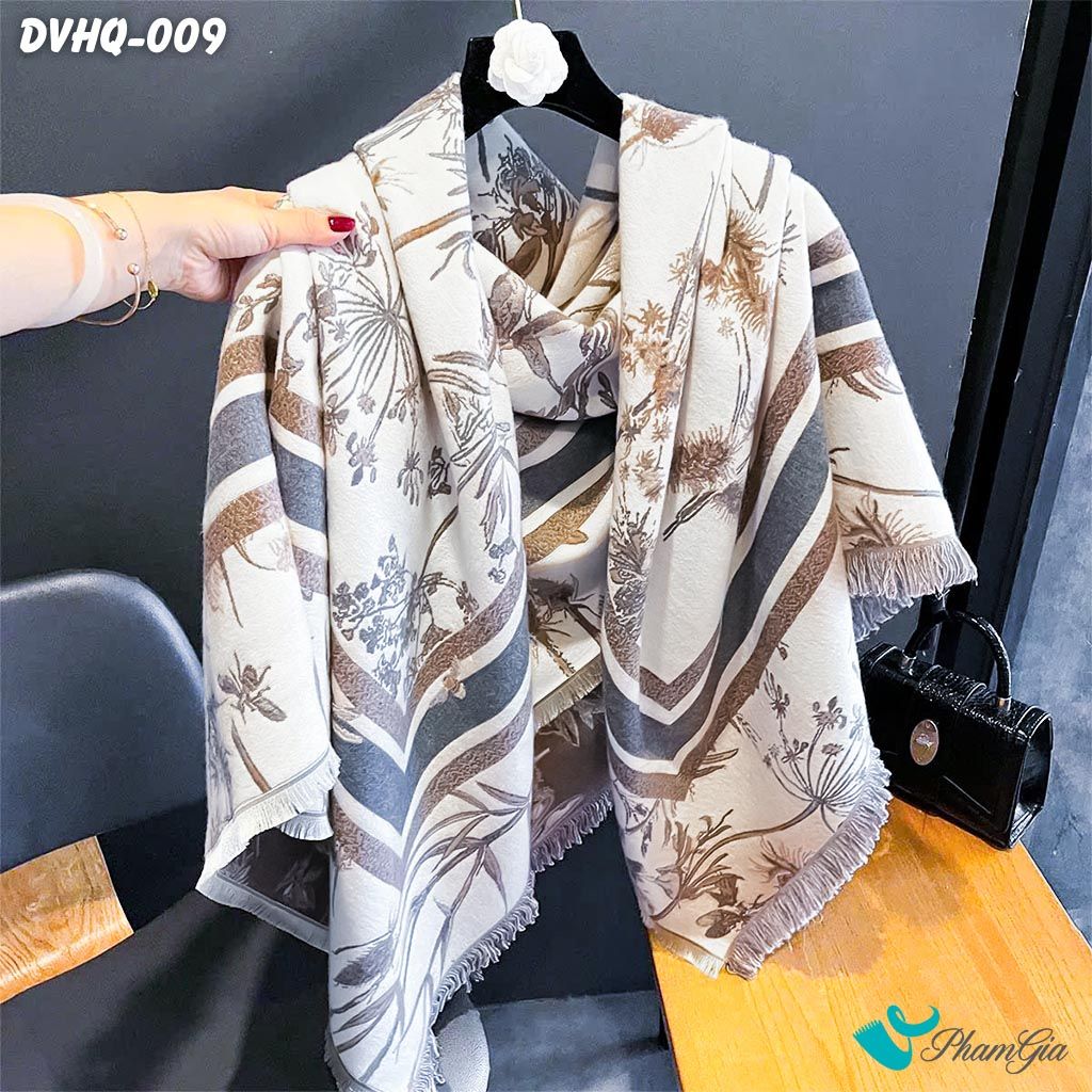 Khăn Choàng Dạ Cashmere Vuông Phong Cách Hàn Quốc Cao Cấp Họa Tiết Botanical Cổ Điển Màu Beige (DVHQ009)