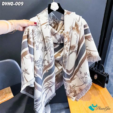 Khăn Choàng Dạ Cashmere Vuông Phong Cách Hàn Quốc Cao Cấp Họa Tiết Botanical Cổ Điển Màu Beige (DVHQ009)