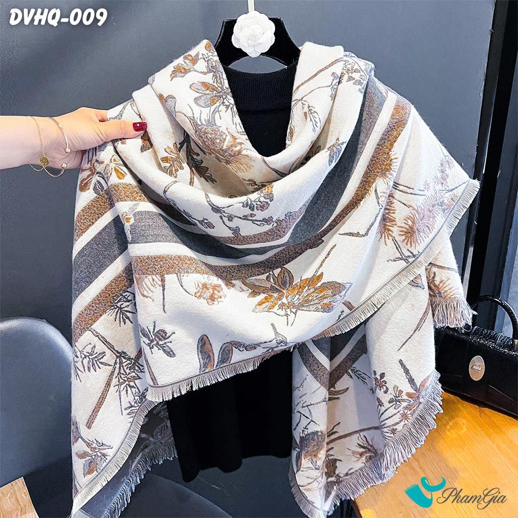 Khăn Choàng Dạ Cashmere Vuông Phong Cách Hàn Quốc Cao Cấp Họa Tiết Botanical Cổ Điển Màu Beige (DVHQ009)