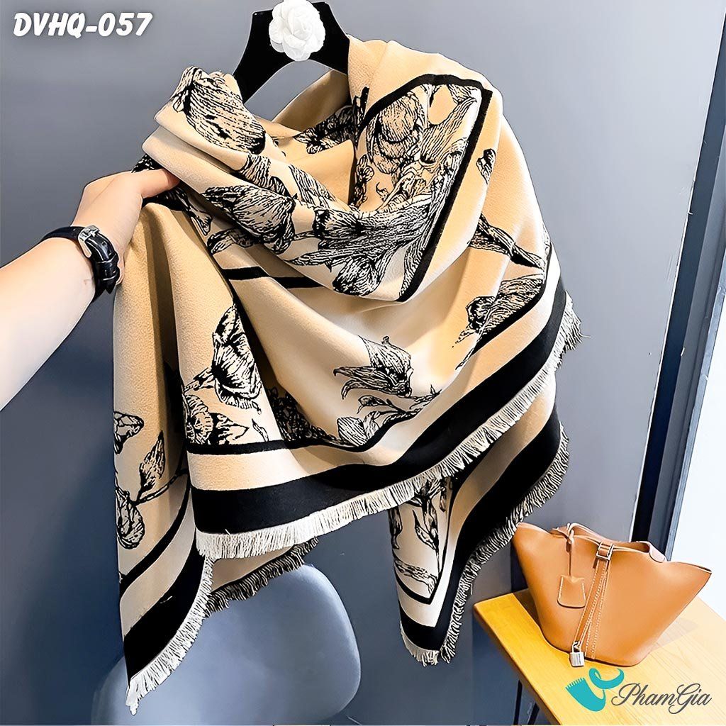 Góc Nghiêng Khăn Choàng Dạ Cashmere Vuông Phong Cách Hàn Quốc Cao Cấp Họa Tiết Hoa Diên Vĩ Màu Đen Bạc Xỉu
