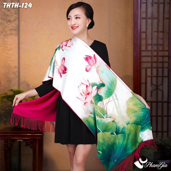 Khăn Choàng Tằm Hoa Thượng Hải 2 Lớp Cao Cấp Họa Tiết Hoa Sen Màu Xanh Trang Nhã (THTH124)