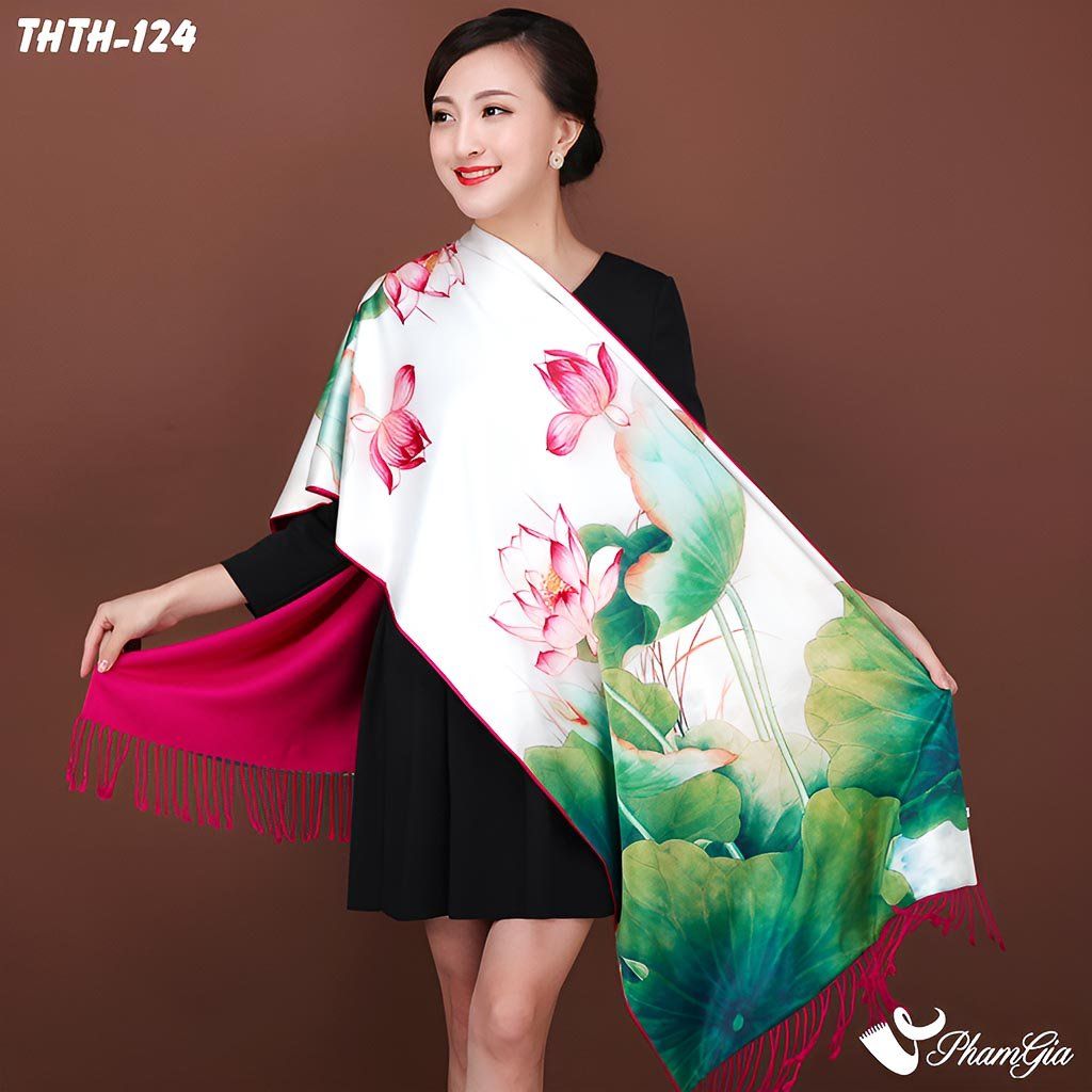 Khăn Choàng Tằm Hoa Thượng Hải 2 Lớp Cao Cấp Họa Tiết Hoa Sen Màu Xanh Trang Nhã