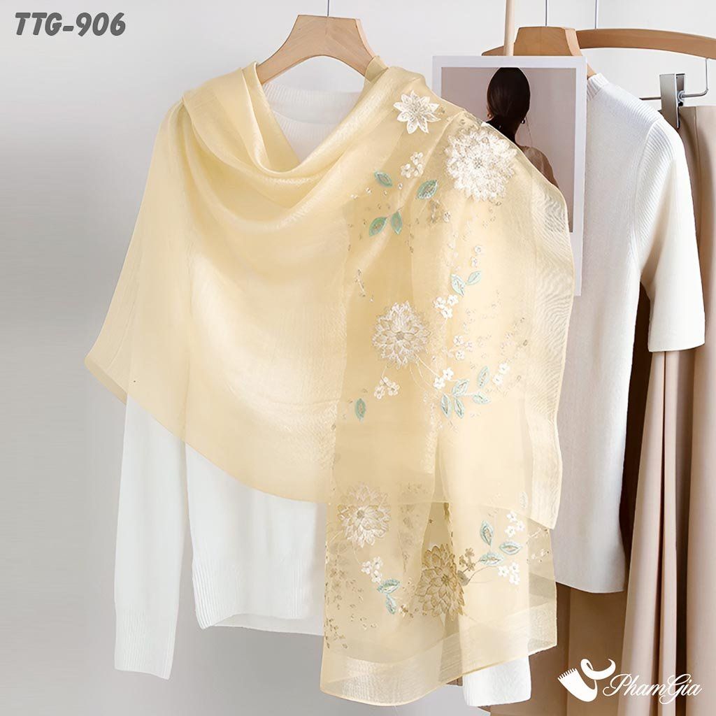 Khăn Choàng Tơ Tằm Gân Cao Cấp Thêu Hoa Cúc Đại Đóa Màu Kem Beige Thanh Lịch