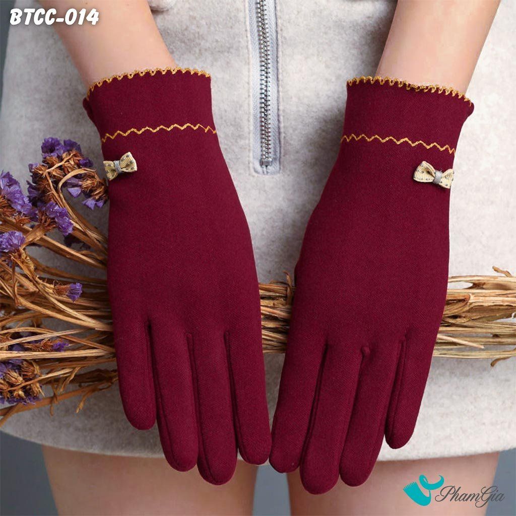 Găng Tay Da Lộn Lót Lông Giữ Ấm Đính Nơ Thời Trang Màu Đỏ (BTCC014)