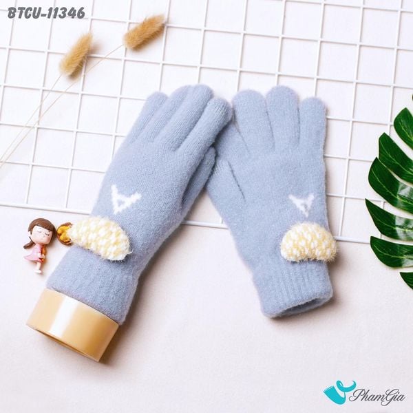 Găng Tay Len Cảm Ứng Giữ Ấm Cao Cấp Đính Trái Tim Màu Xanh Blue (BTCU11346)