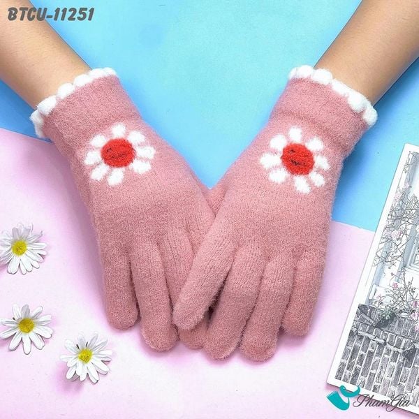 Găng Tay Len Cảm Ứng Giữ Ấm Họa Tiết Hoa Cúc Màu Hồng (BTCU11251)