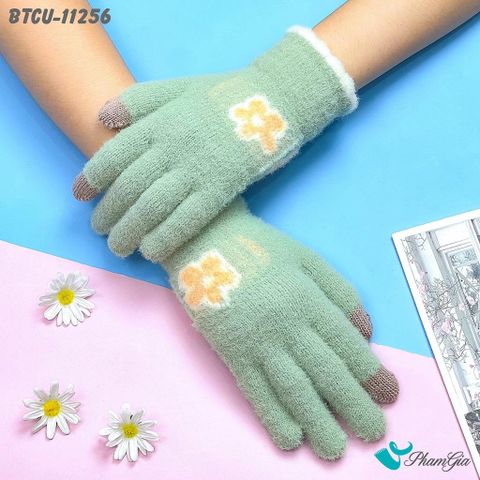 Góc Trên Găng Tay Len Cảm Ứng Giữ Ấm Họa Tiết Hoa Cúc Màu Xanh Bơ