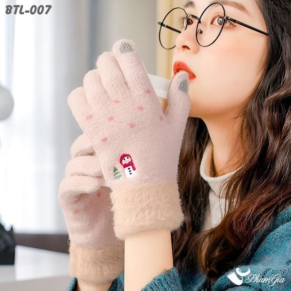 Găng Tay Len Lông Cừu Họa Tiết Giáng Sinh Màu Hồng Kem (BTL007)