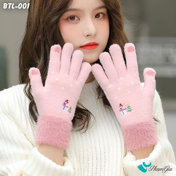 Găng Tay Len Lông Cừu Họa Tiết Giáng Sinh Màu Hồng (BTL001)