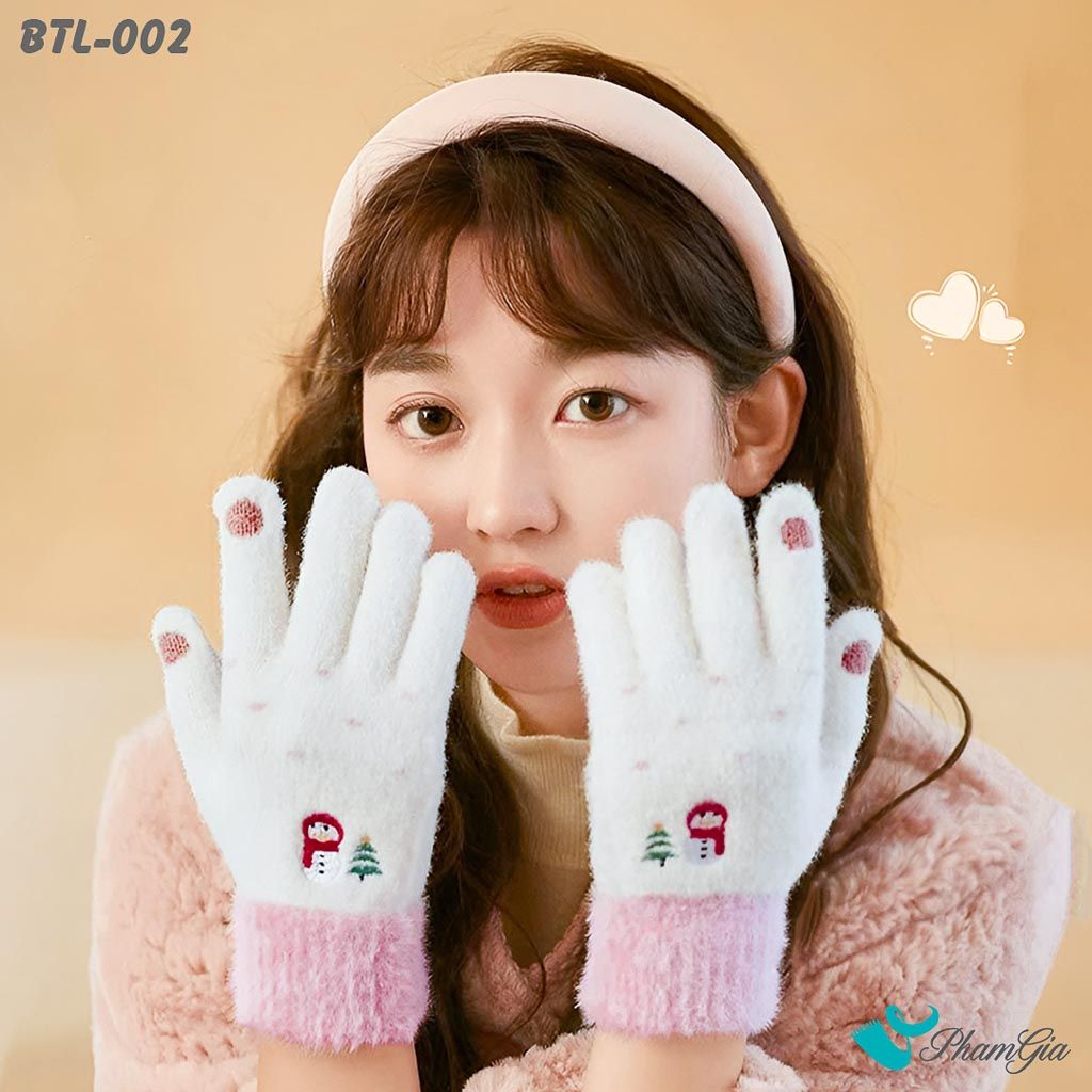 Găng Tay Len Lông Cừu Họa Tiết Giáng Sinh Màu Trắng