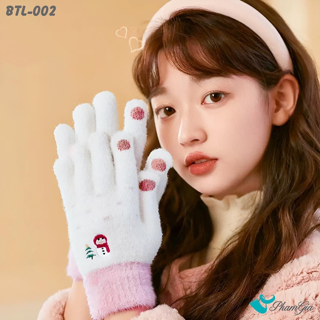 Găng Tay Len Lông Cừu Họa Tiết Giáng Sinh Màu Trắng Góc Trái