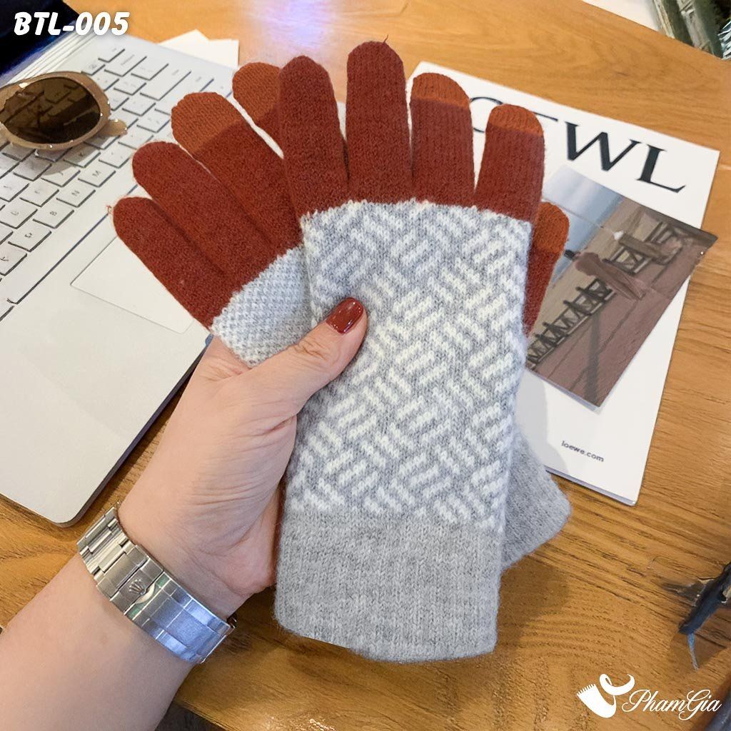 Găng Tay Len Lót Lông Họa Tiết Mùa Đông Phối Màu Cam Đất (BTL005)