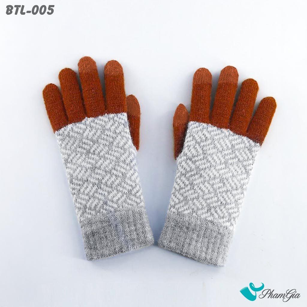 Găng Tay Len Lót Lông Họa Tiết Mùa Đông Phối Màu Cam Đất (BTL005)
