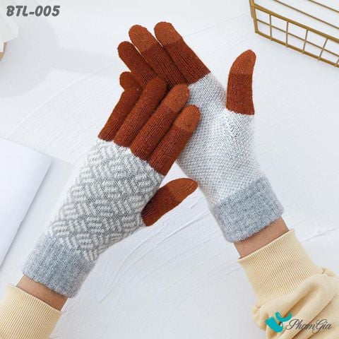 Găng Tay Len Lót Lông Họa Tiết Mùa Đông Phối Màu Cam Đất (BTL005)
