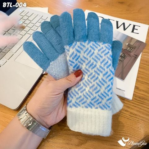 Găng Tay Len Lót Lông Họa Tiết Mùa Đông Phối Màu Xanh Dương (BTL004)