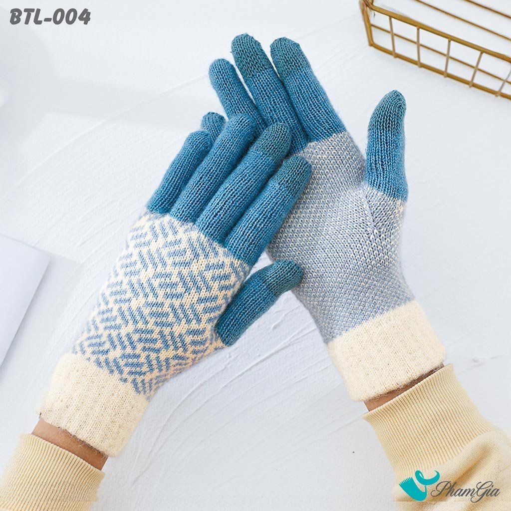 Găng Tay Len Lót Lông Họa Tiết Mùa Đông Phối Màu Xanh Dương (BTL004)
