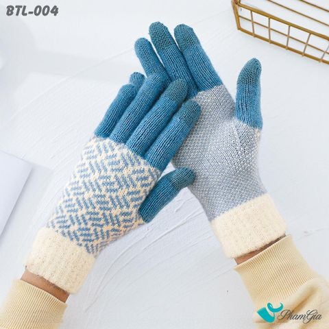 Găng Tay Len Lót Lông Họa Tiết Mùa Đông Phối Màu Xanh Biển (BTL004)