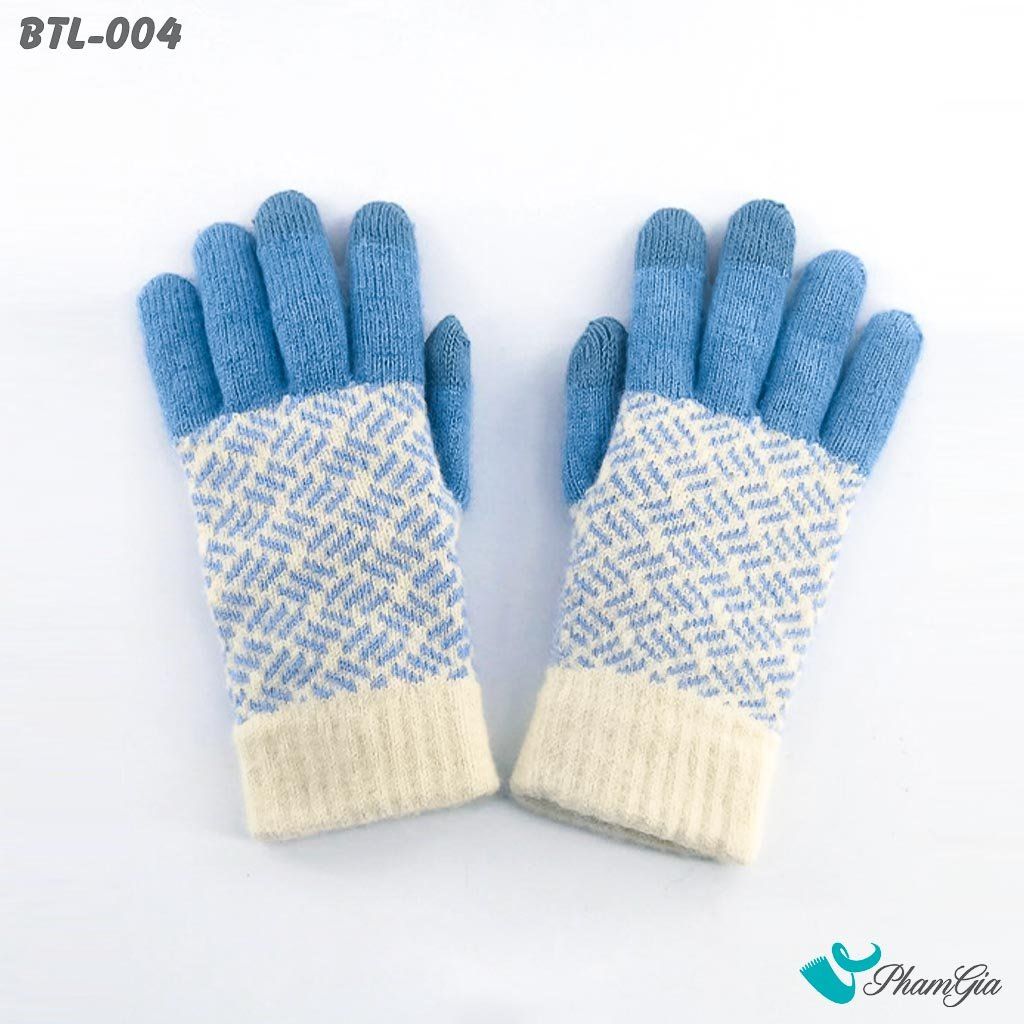 Găng Tay Len Lót Lông Họa Tiết Mùa Đông Phối Màu Xanh Dương (BTL004)