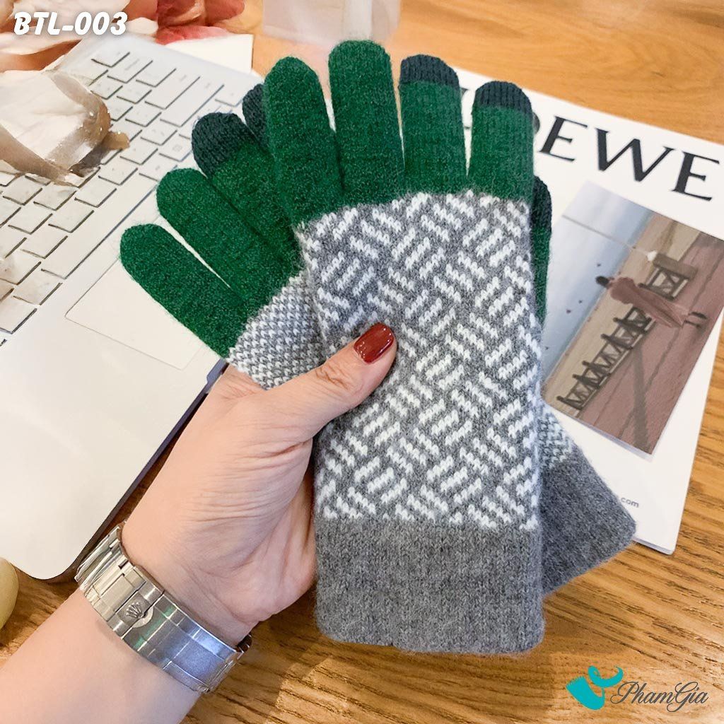 Găng Tay Len Lót Lông Họa Tiết Mùa Đông Phối Màu Xanh Lá (BTL003)
