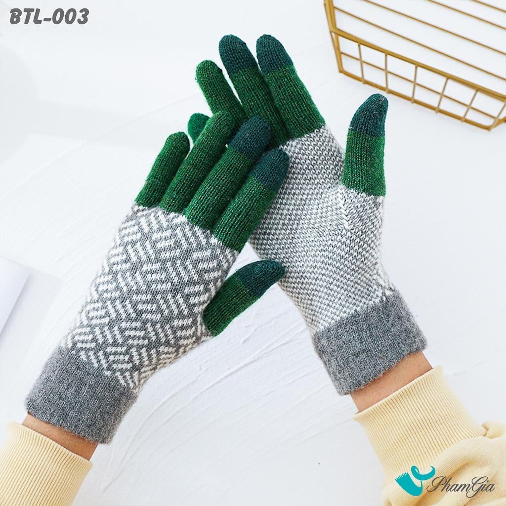 Găng Tay Len Lót Lông Họa Tiết Mùa Đông Phối Màu Xanh Lá (BTL003)