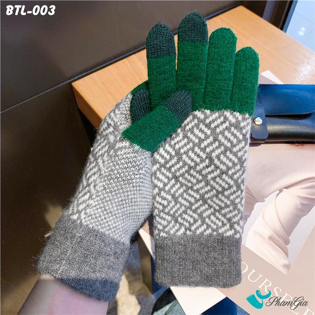 Găng Tay Len Lót Lông Họa Tiết Mùa Đông Phối Màu Xanh Lá (BTL003)