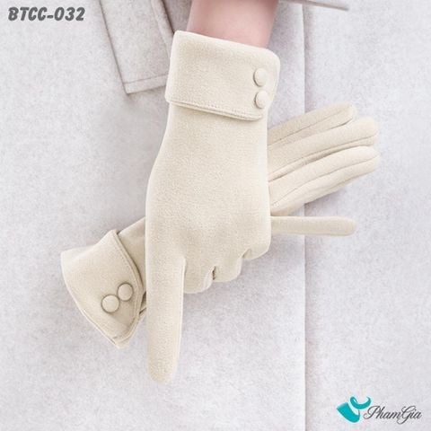 Găng Tay Len Nhung Lót Lông 2 Lớp Đính Nút Cao Cấp Màu Beige (BTCC032)