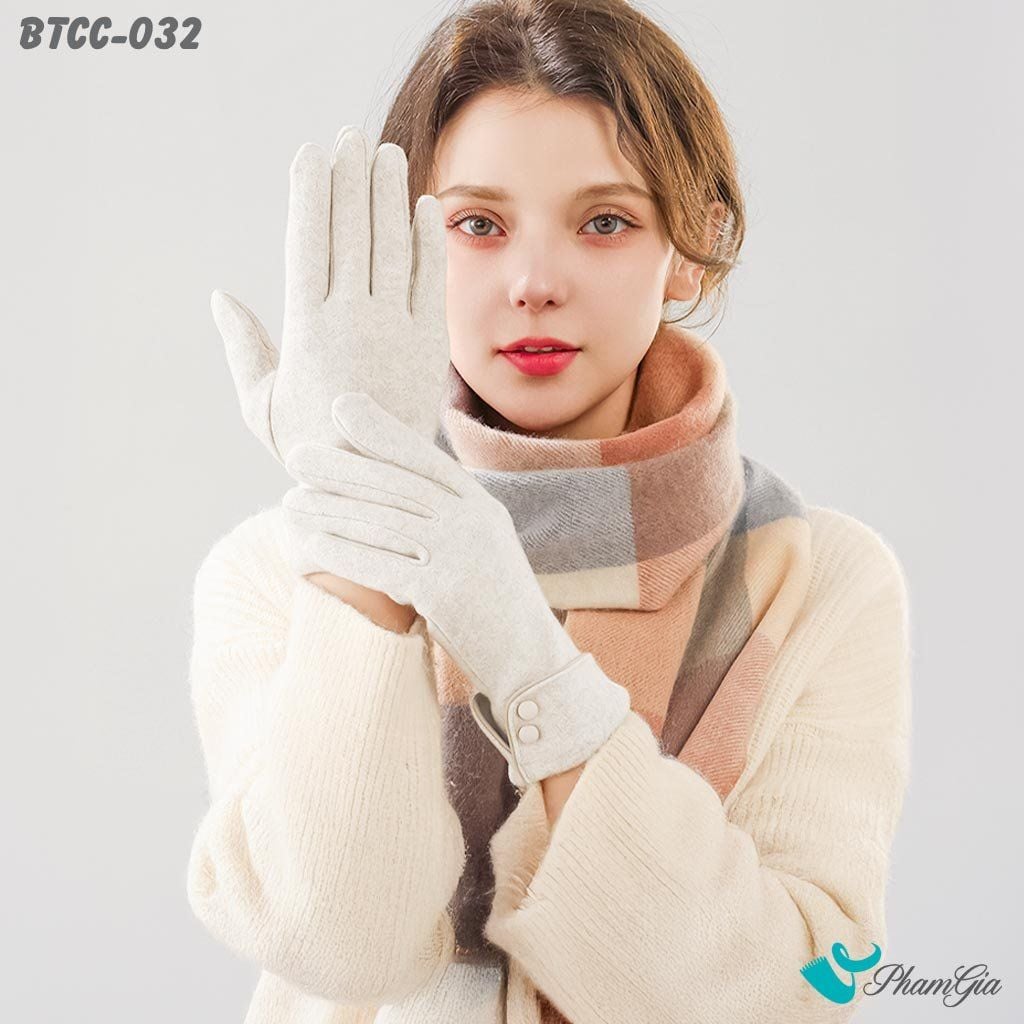 Găng Tay Len Nhung Lót Lông 2 Lớp Đính Nút Cao Cấp Màu Beige (BTCC032)