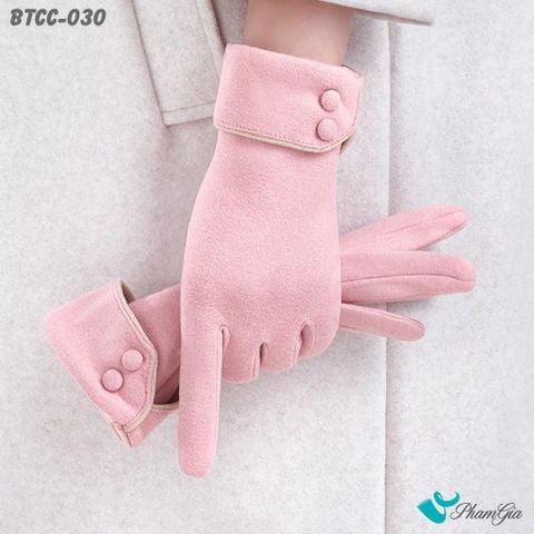 Găng Tay Len Nhung Lót Lông 2 Lớp Đính Nút Cao Cấp Màu Hồng (BTCC030)