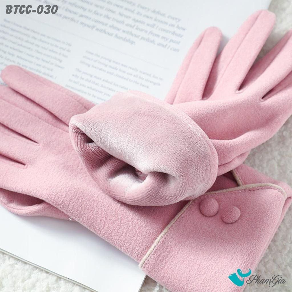 Găng Tay Len Nhung Lót Lông 2 Lớp Đính Nút Cao Cấp Màu Hồng (BTCC030)