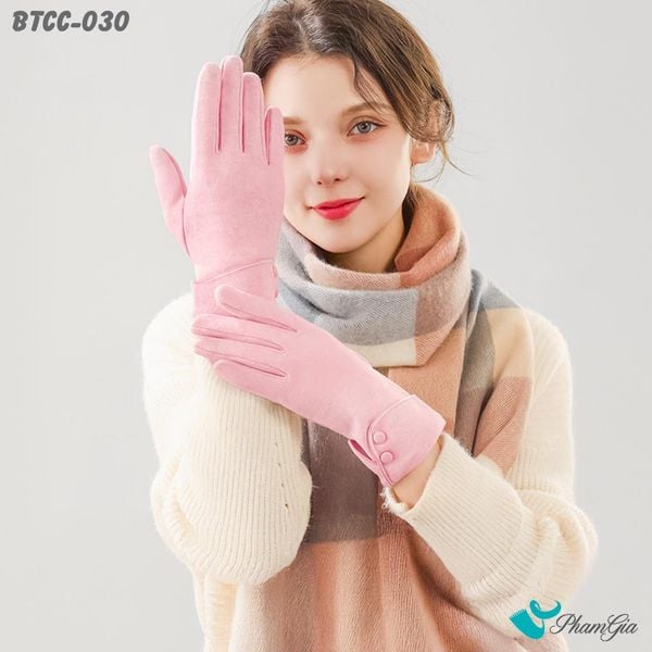 Găng Tay Len Nhung Lót Lông 2 Lớp Đính Nút Cao Cấp Màu Hồng (BTCC030)