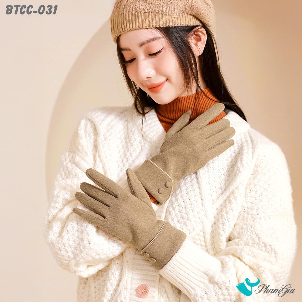 Găng Tay Len Nhung Lót Lông 2 Lớp Đính Nút Cao Cấp Màu Nâu (BTCC031)