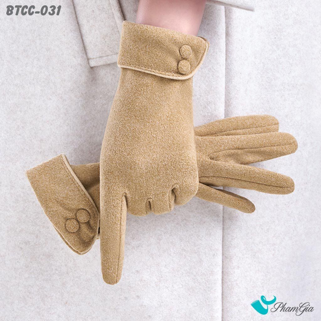Găng Tay Len Nhung Lót Lông 2 Lớp Đính Nút Cao Cấp Màu Nâu (BTCC031)