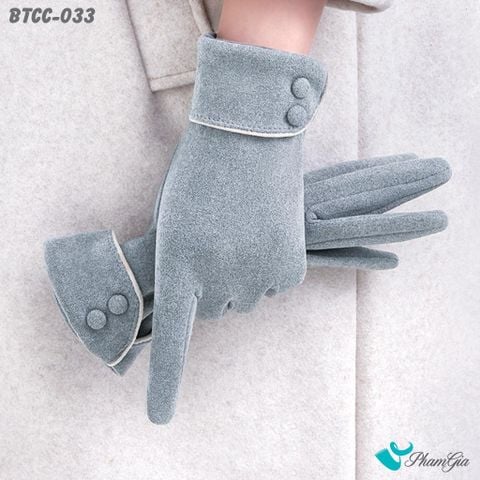 Găng Tay Len Nhung Lót Lông 2 Lớp Đính Nút Cao Cấp Màu Xám (BTCC033)