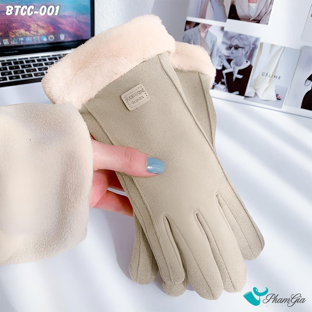 Găng Tay Lót Lông 2 Lớp Cao Cấp Phối Viền Màu Beige
