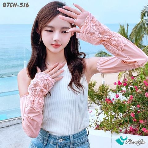 Găng Tay Ống Chống Nắng Đăng Ten Hạ Nhiệt Cao Cấp Màu Hồng Pastel