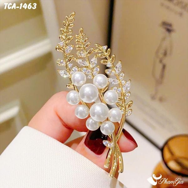 Ghim Cài Áo Bông Lúa Vàng Đính Ngọc Trai Trang Nhã (TCA1463)