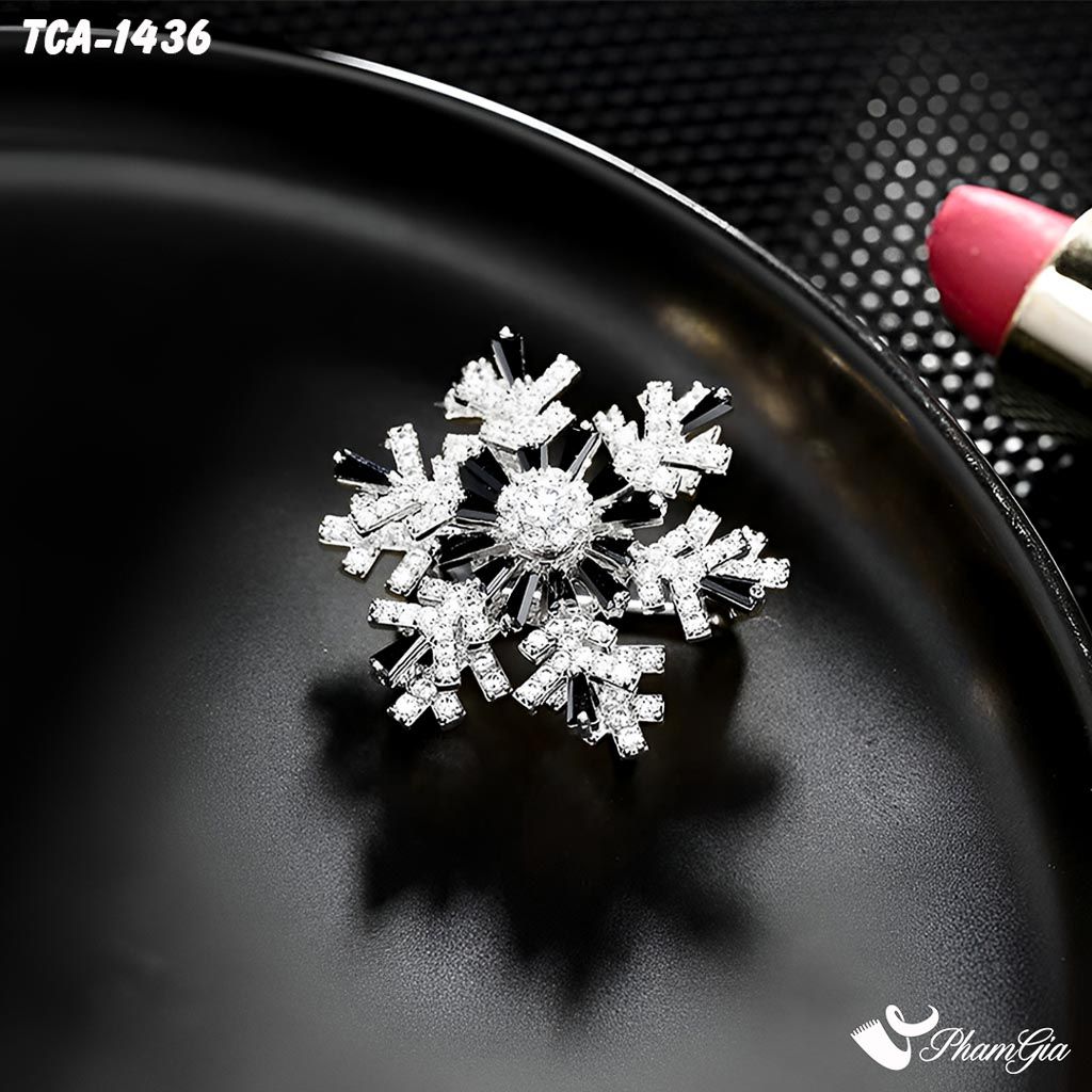 Góc Nghiêng Ghim Cài Áo Bông Tuyết Nhỏ Đính Đá Đen Xoay Tròn Sang Trọng