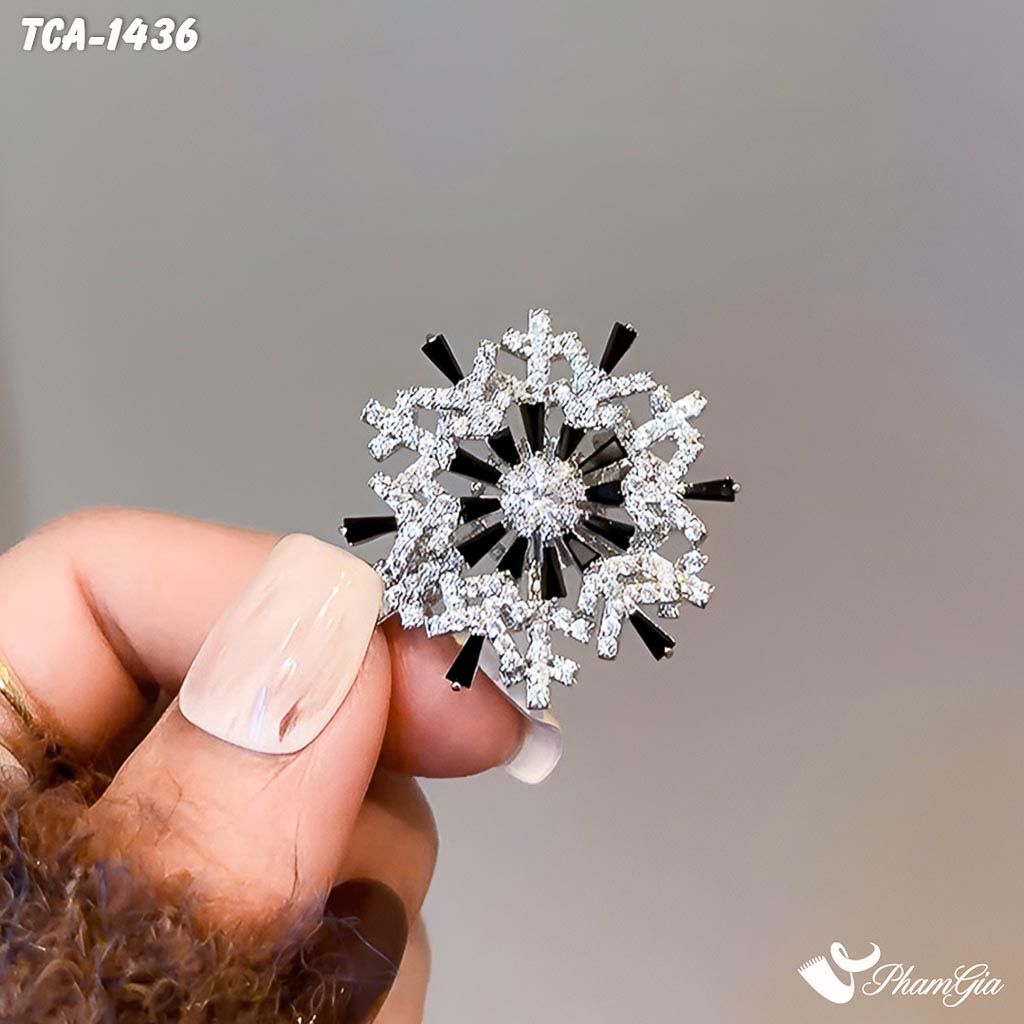 Model Cầm Ghim Cài Áo Bông Tuyết Nhỏ Đính Đá Đen Xoay Tròn Sang Trọng