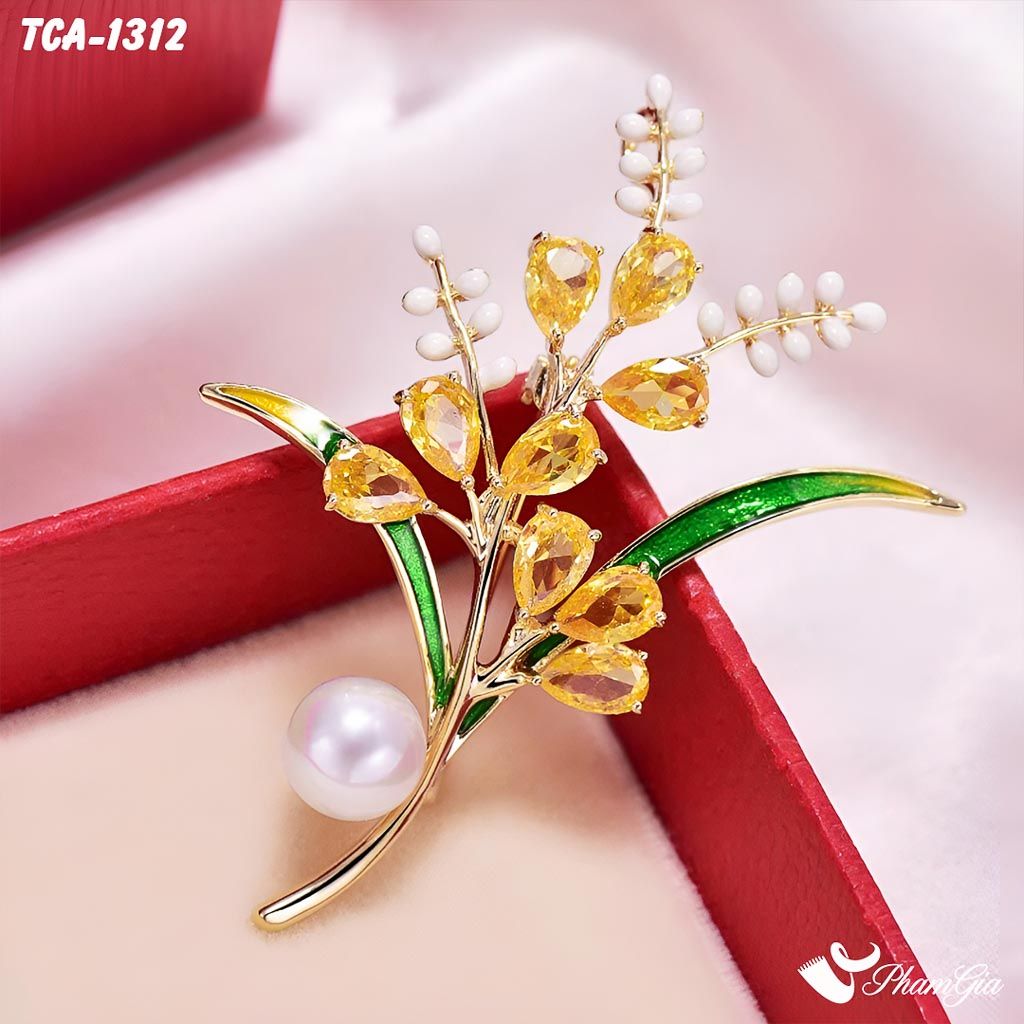Ghim Cài Áo Cành Hoa Lan Đính Đá Vàng Tinh Tế