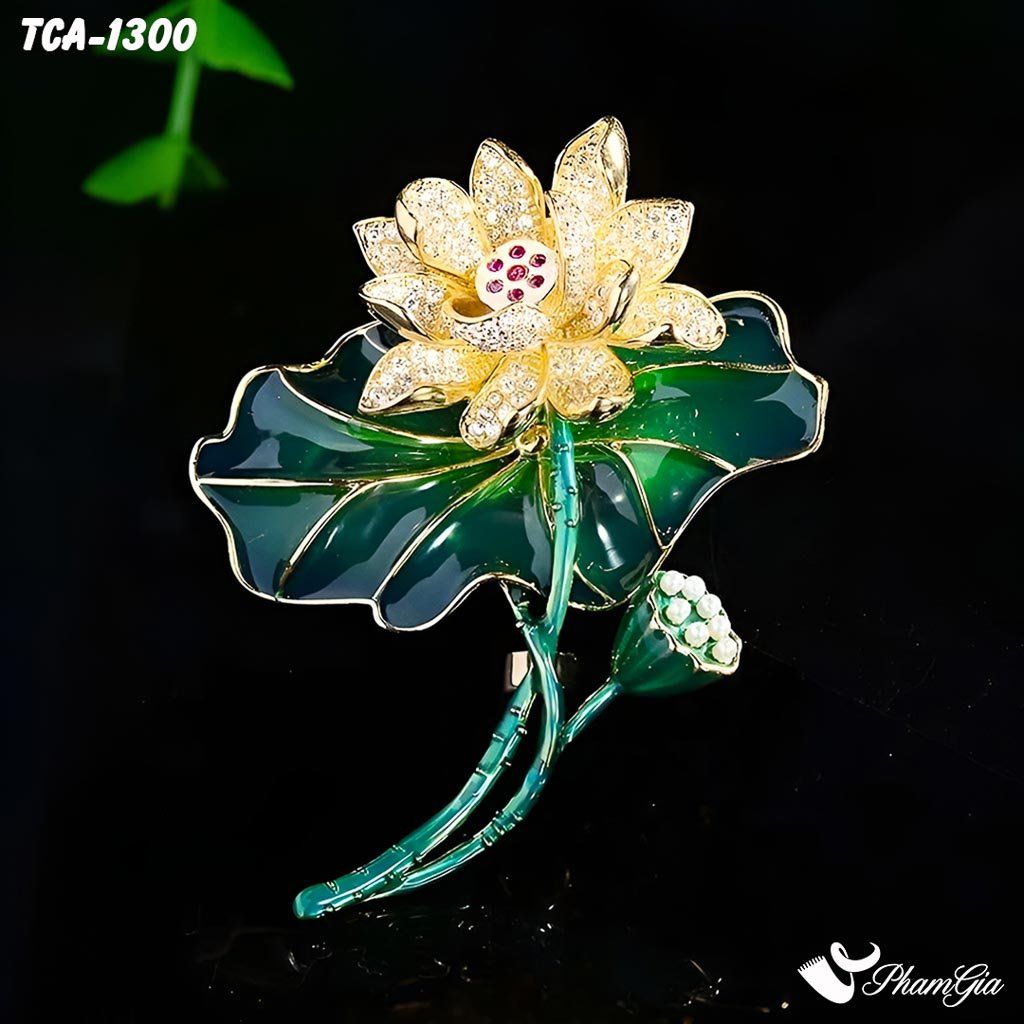 Ghim Cài Áo Cành Hoa Sen Vàng Đính Đá Sang Trọng