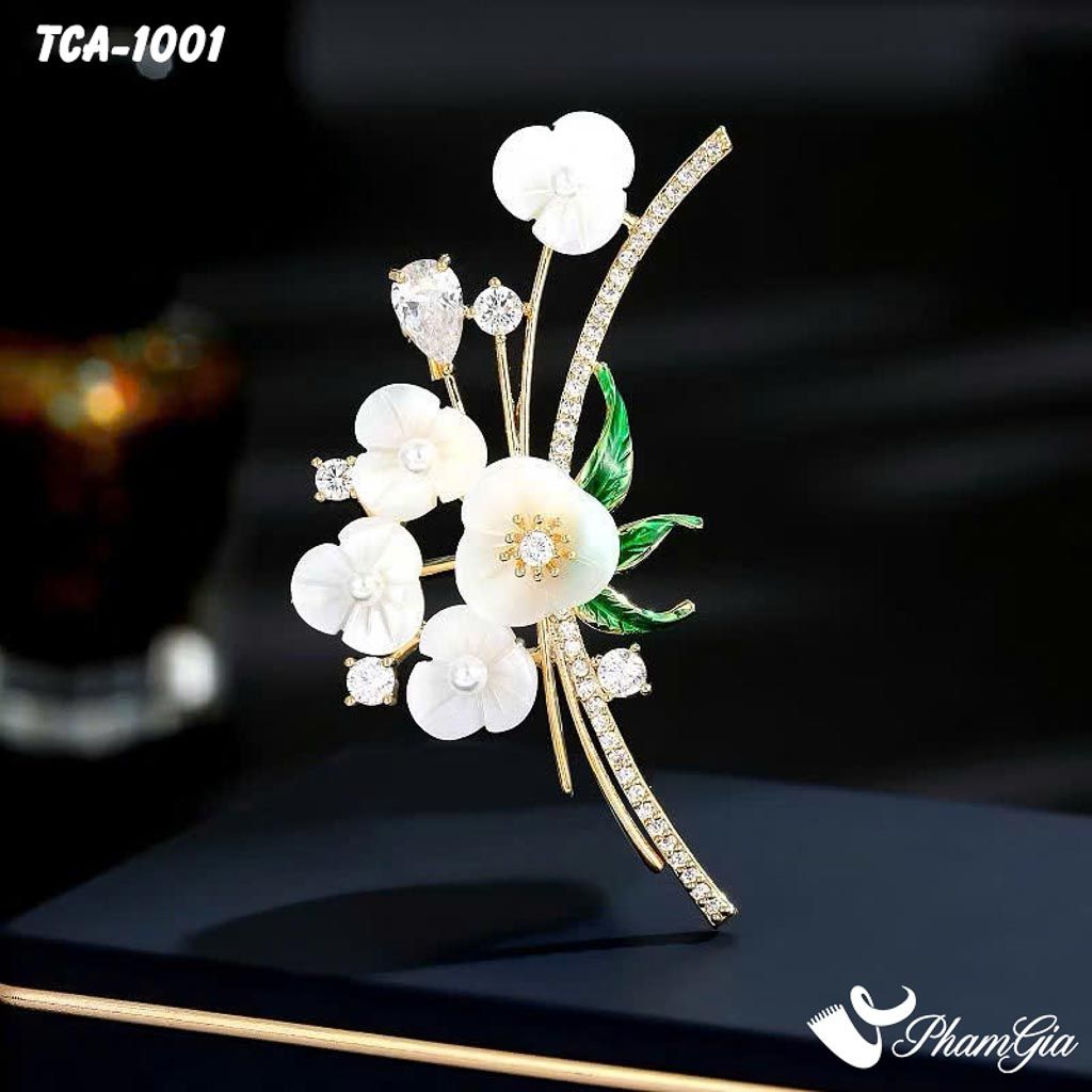 Ghim Cài Áo Cành Hoa Tuyết Mai Trắng Đính Đá Thanh Lịch